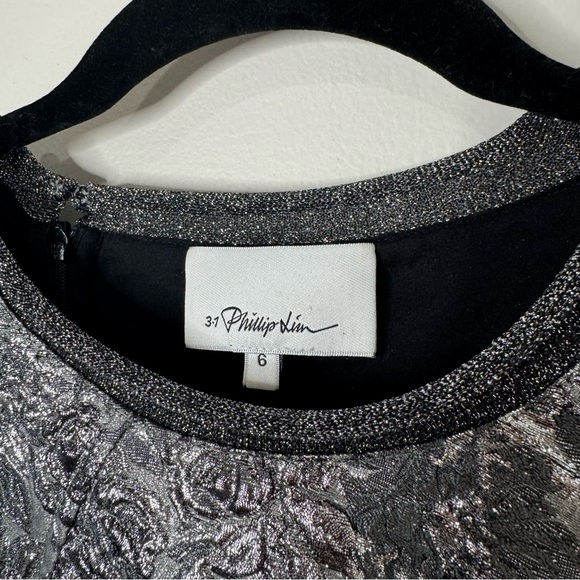 3.1 Philip Lim Metallic Silver Black Brocade Ribbed Knit Cap Sleeve Blouse Top - Picture 2 of 13